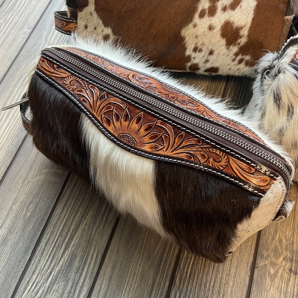 Handcrafted Cowhide And Tooled Leather Cosmetic Pouch | Unique Western-Style Makeup Organizer