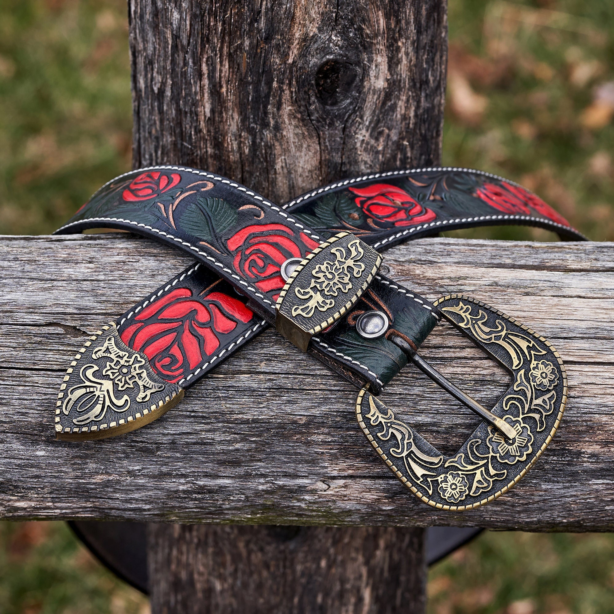 Black/Brown Tooled Scalloped Genuine Leather Western Belt - 34