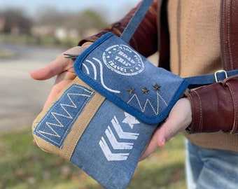 Upcycled Denim And Waxed Canvas Crossbody Bag | Eco-Friendly Shoulder Travel Purse