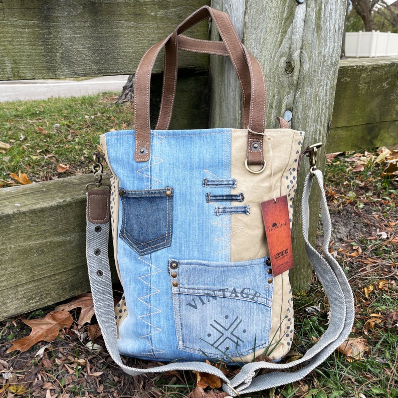 Upcycled Canvas Tote Messenger Shoulder Bag image 3