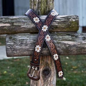 White Flower Hand Carved Leather Western Belt