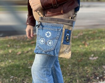 Bolso bandolera de mezclilla reciclado hecho a mano / bolso de hombro de lona ecológico