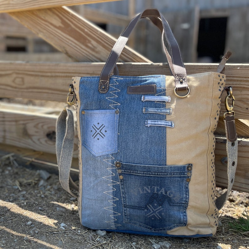 Upcycled Canvas Tote Messenger Shoulder Bag image 5