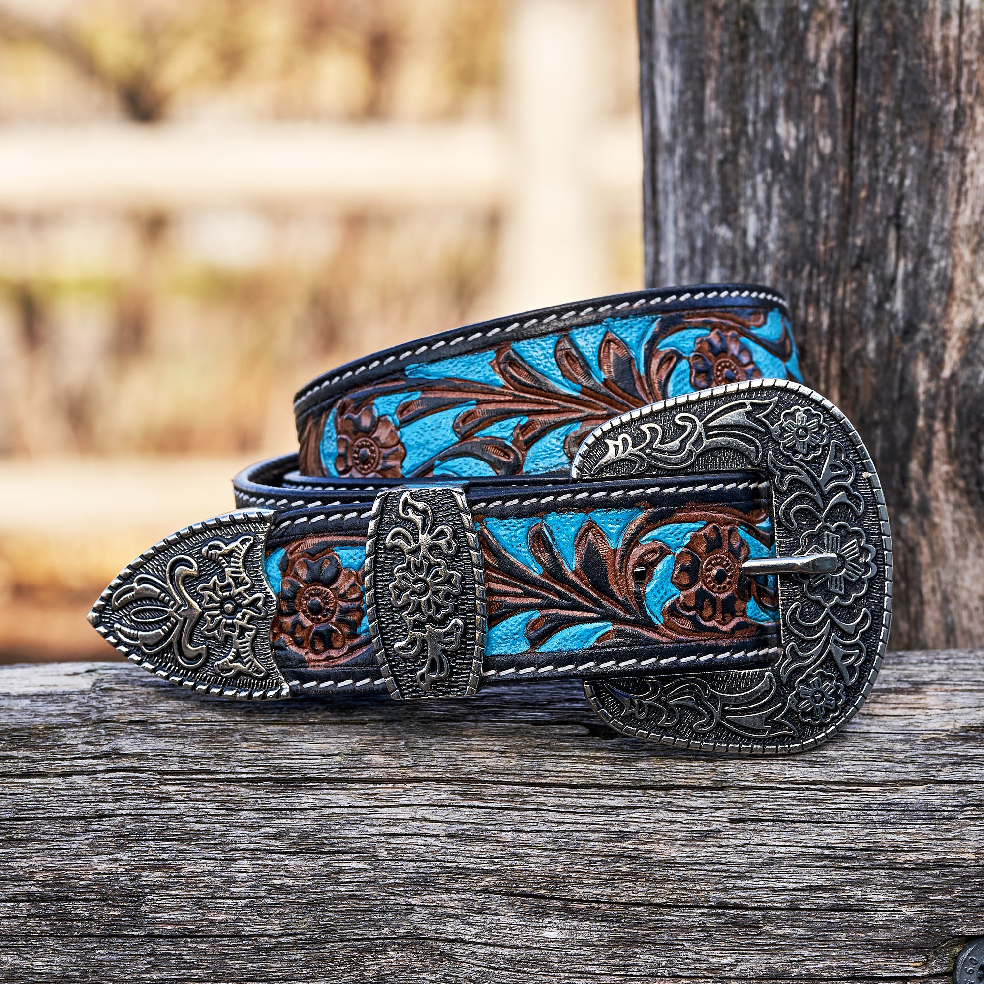 Turquoise Hand Tooled Leather Western Belt
