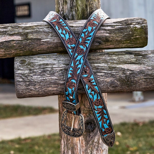 Turquoise Hand Tooled Leather Western Belt