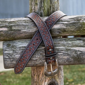 Turquoise Polka Tooled Leather Western Belt