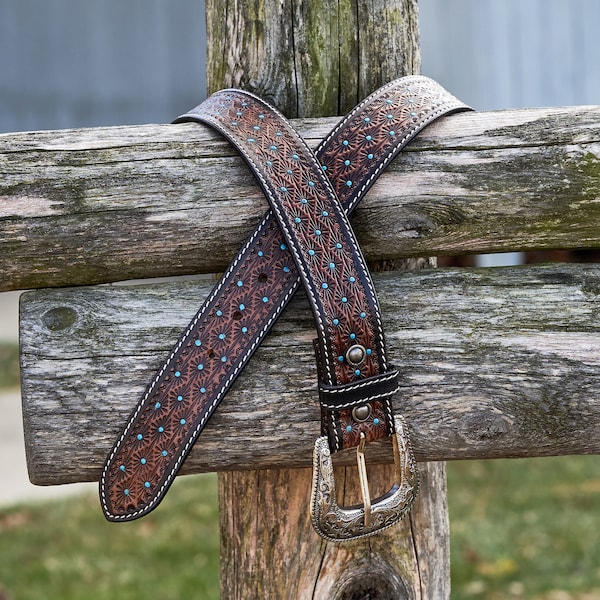 Turquoise Polka Tooled Leather Western Belt