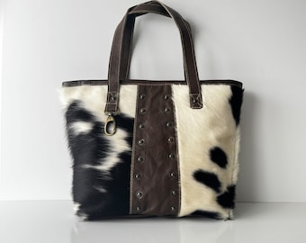 Handmade Cowhide and Leather Shoulder Tote Bag