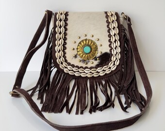 Bolso bandolera de piel artesanal con incrustaciones de turquesa / Bolso de hombro único de piel de vacuno