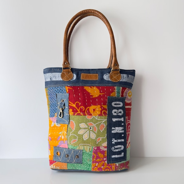 Unique Handmade Denim Tote Bag | Colorful Upcycled Canvas Shoulder Bag