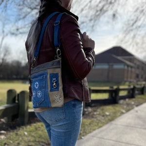 Myra Jaycee's Day Upcycled Denim Crossbody Bag - Foldover Everyday Sling with Leather Strap and Pocket Detail for Laid-Back Vibes