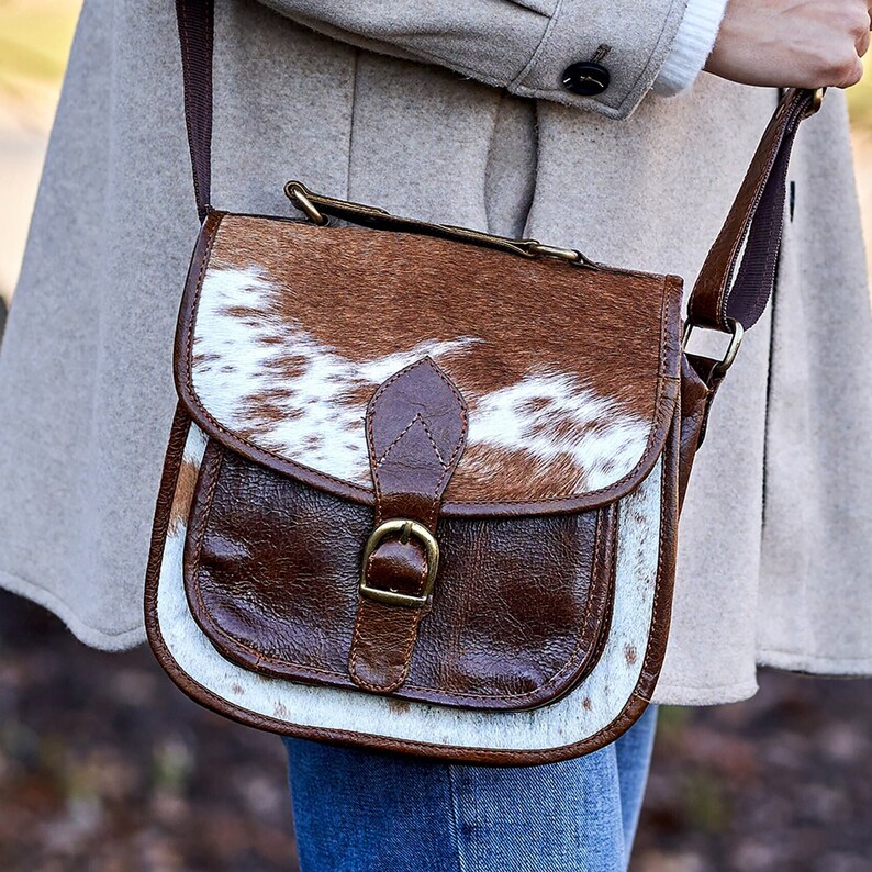 Cowhide Leather Crossbody Messenger Purse Bag Etsy