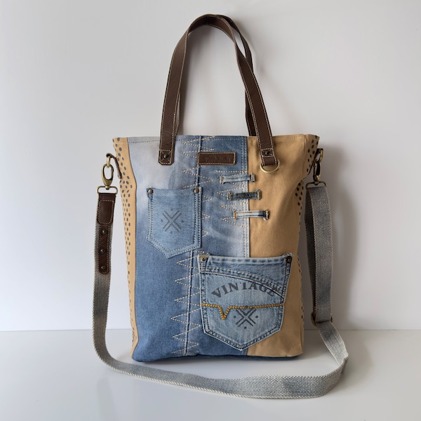 Upcycled Canvas Tote Messenger Shoulder Bag
