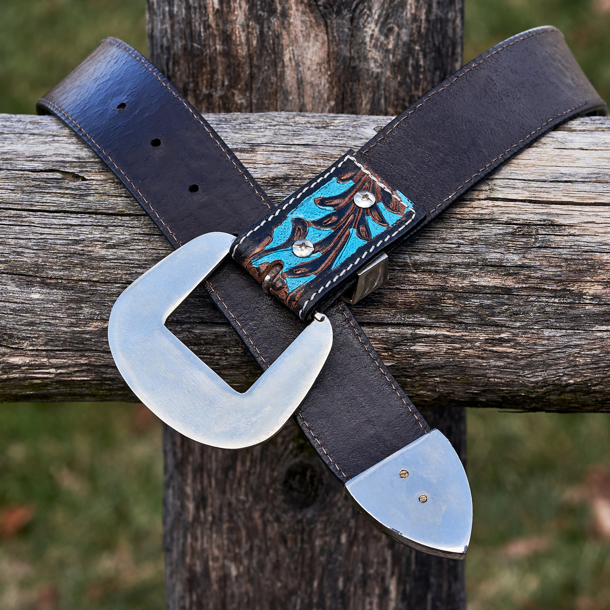 Vintage Black/Brown Hand Tooled Leather Belt w/Silver/Turquoise Buckle, 32.5” il_fullxfull.6577061744_34ax.jpg main image 2