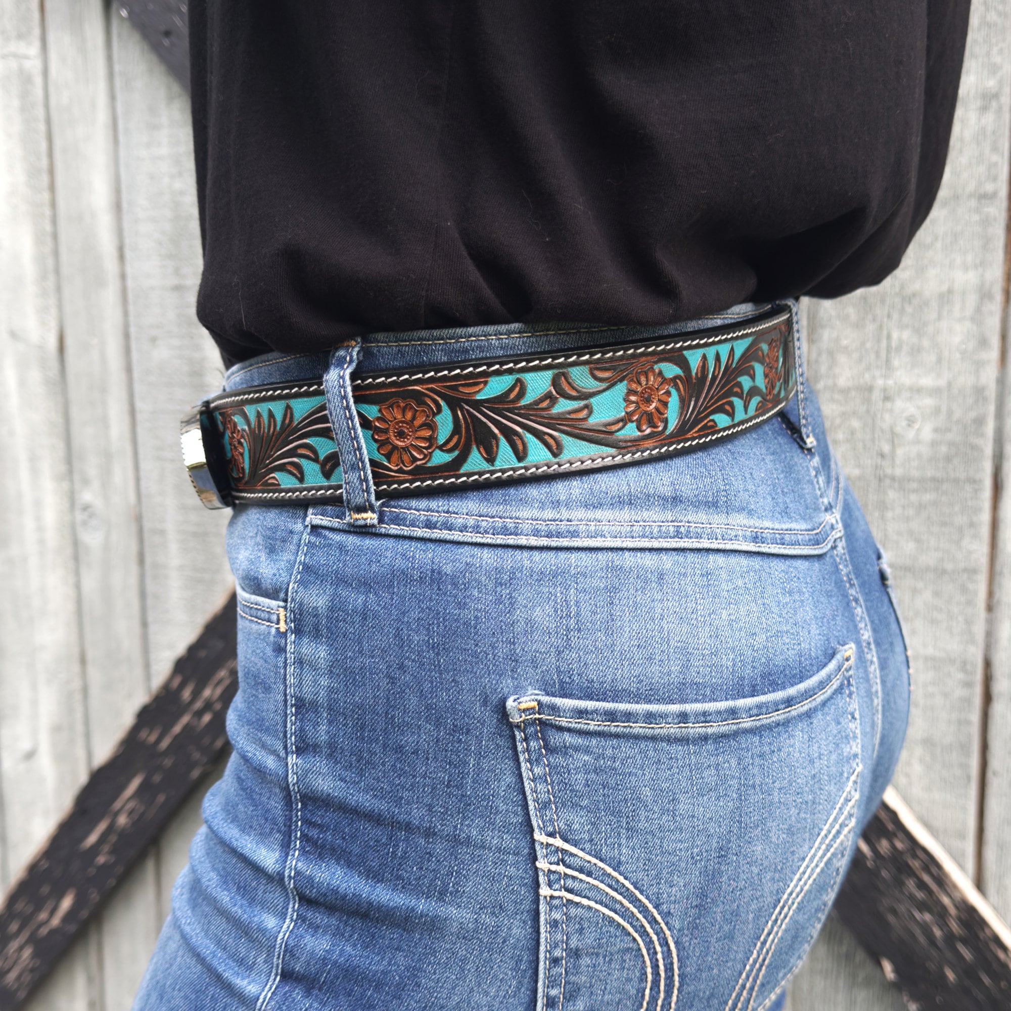 Teal‎ Western Leather Belt Turquoise Tooled Leather Belt – The Crooked Cactus Boutique main image 4