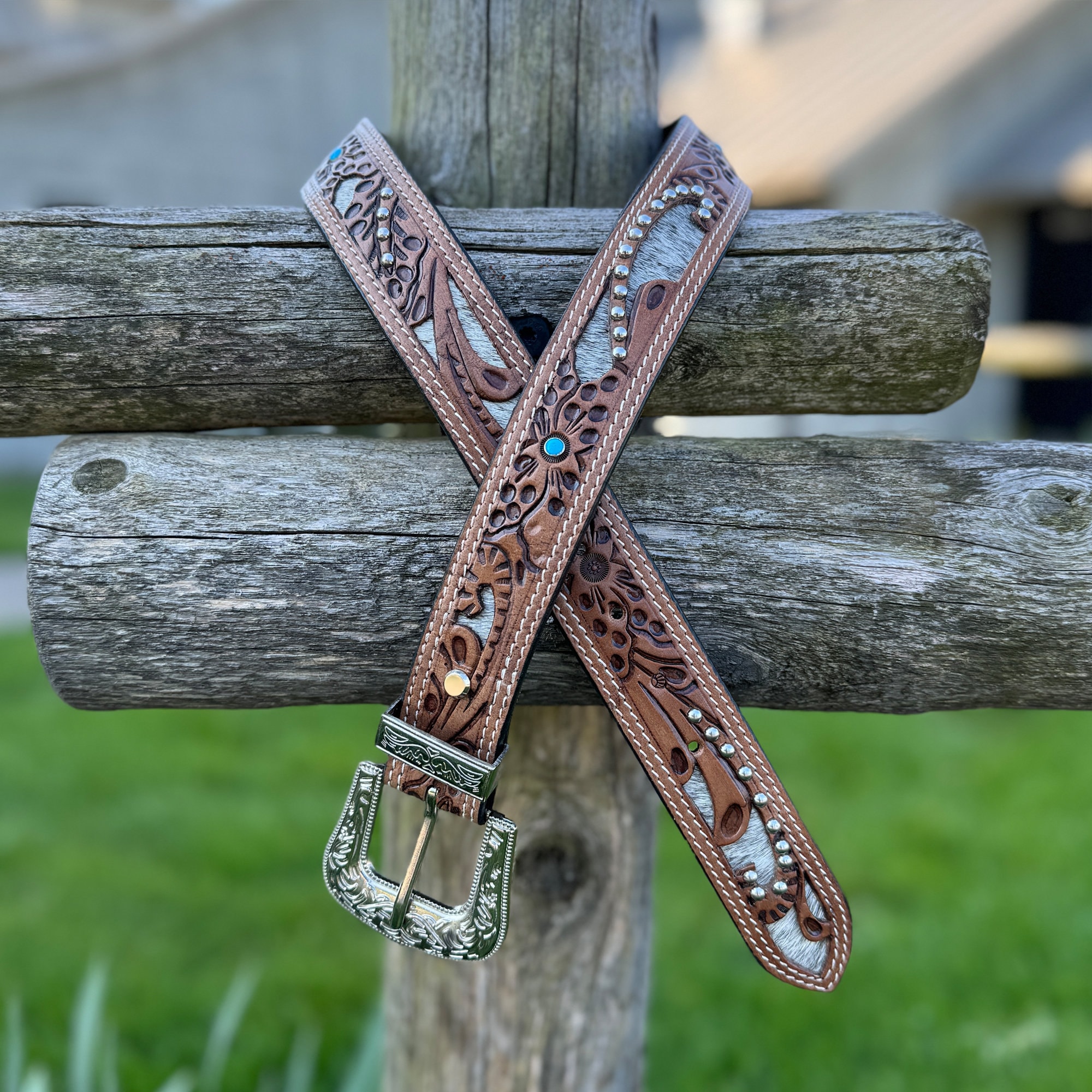 Western Inspired Handmade Leather Belt With Turquoise  display picture 1