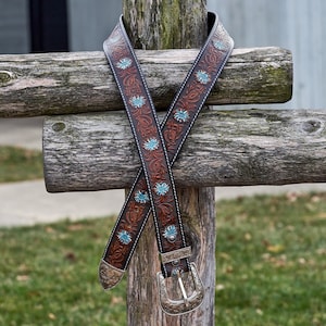 Hand-Carved Leather Western Belt: Turquoise Floral Inlay