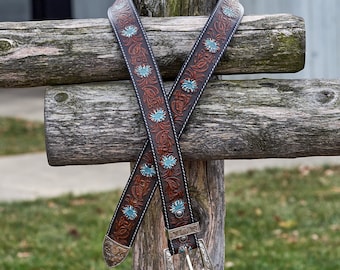 Hand-Carved Leather Western Belt: Turquoise Floral Inlay