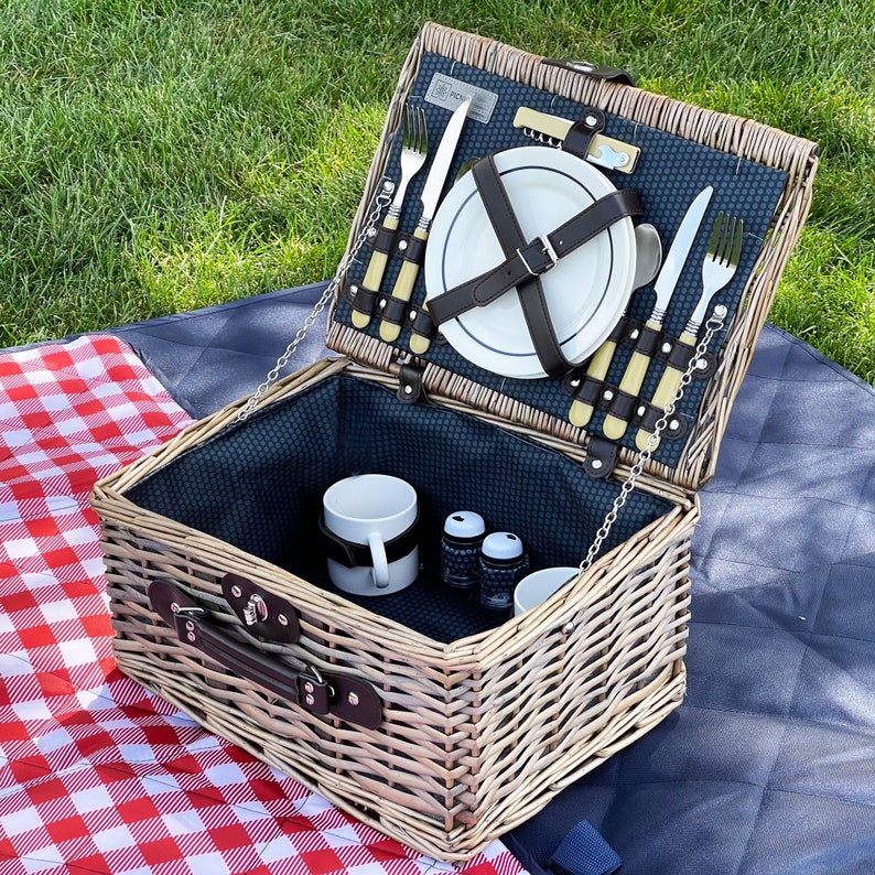 Handwoven English Style Picnic Basket Set Navy Blue