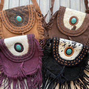 Large FRINGE LEATHER BAG With Turquoise Stone Tassel Western -  UK