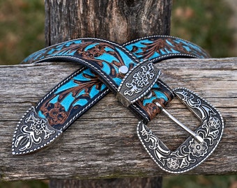 Turquoise Hand Tooled Leather Western Belt Etsy