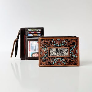 Tarjetero de piel de lujo para mujer: cartera pequeña con estampado floral y animal