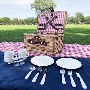 Handwoven English Style Picnic Basket Set Red & White