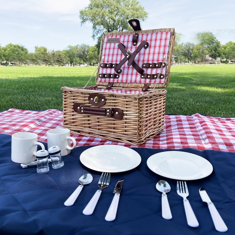 Handwoven English Style Picnic Basket Set Red & White