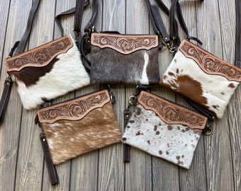 Hair On Tooled Leather Cowhide Clutch Purse