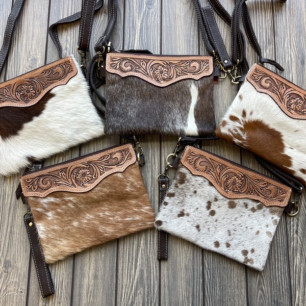 Hair On Tooled Leather Cowhide Clutch Purse