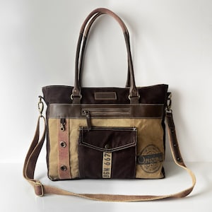 Vintage Style Upcycled Canvas Shoulder Tote Bag