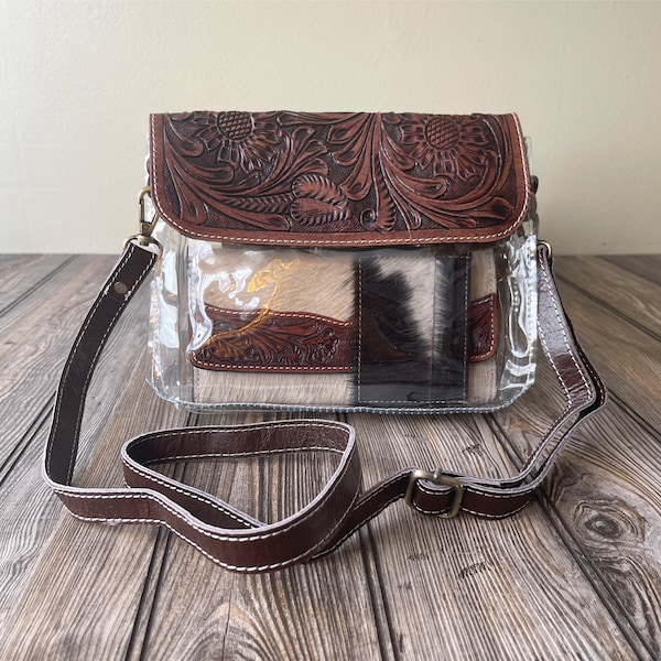 Embossed Leather and Clear Crossbody Bag | Fashionable Stadium Bag