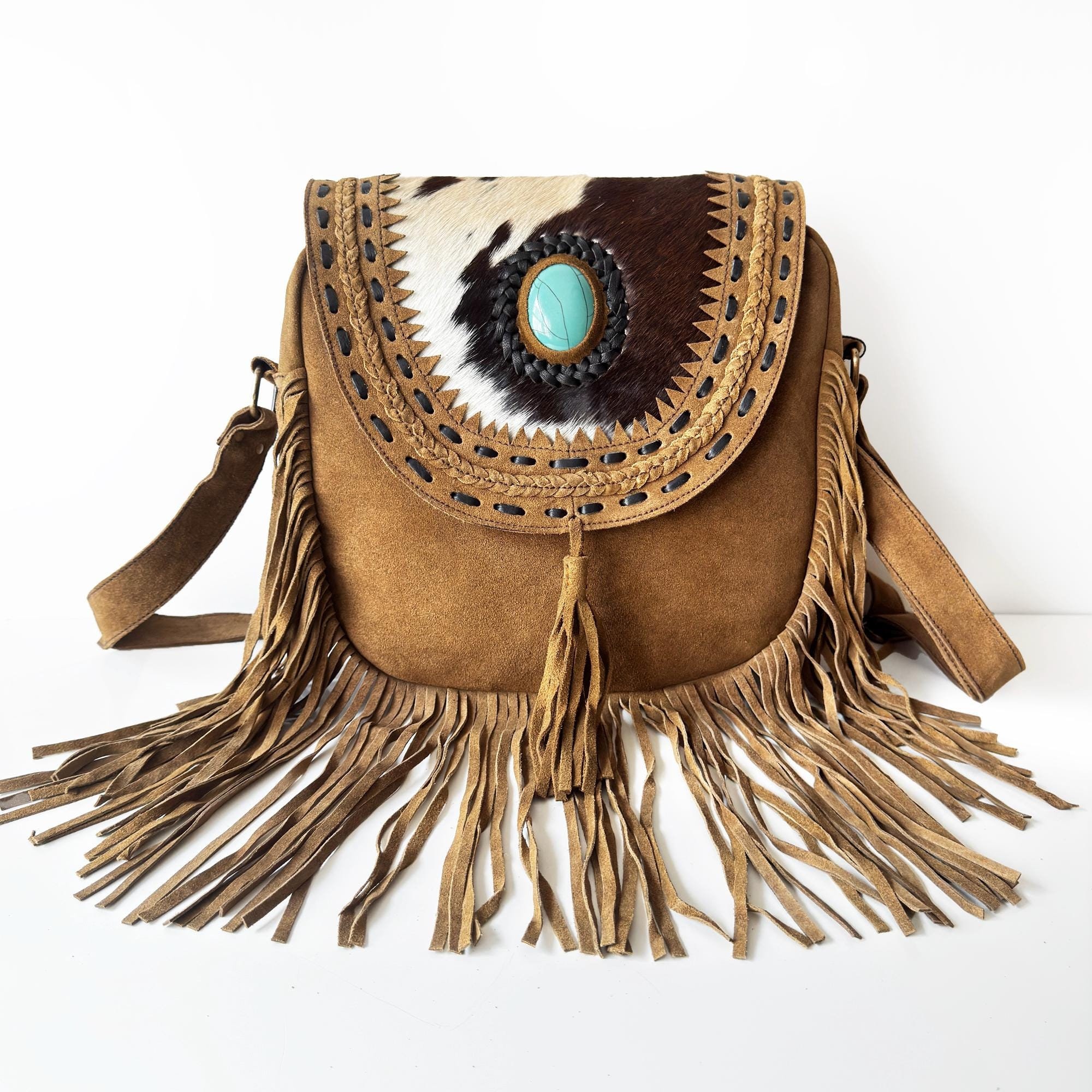 Sash Brown faux Leather Fringed Crossbody Bag with Blue Strap Our handmade suede fringe bum bags are back ? now in  main image 2