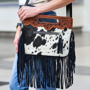 Bannok Hand Tooled Handles Cowhide Crossbody Bag