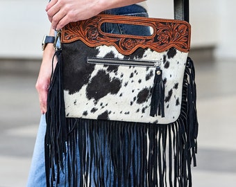 Bannok Hand Tooled Handles Cowhide Crossbody Bag