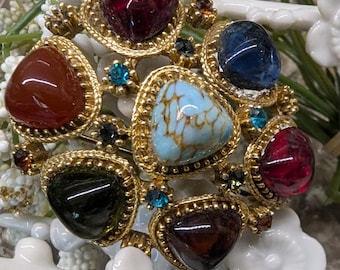 Gripoix Style Sphinx Brooch: Multi Stone Jeweled Brooch