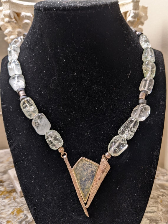 Roman Glass, Sterling Silver,  Modernist Necklace
