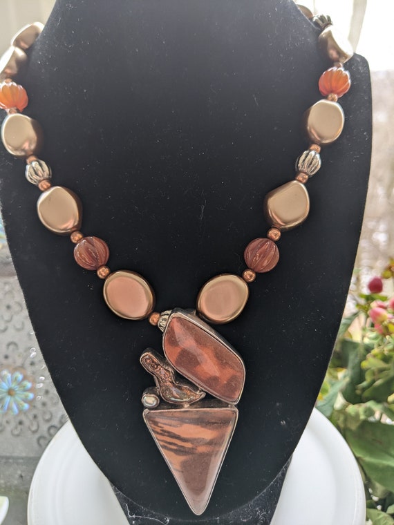 Handmade Wildhorse Jasper Glass /& Bronze Oxide Beaded Necklace
