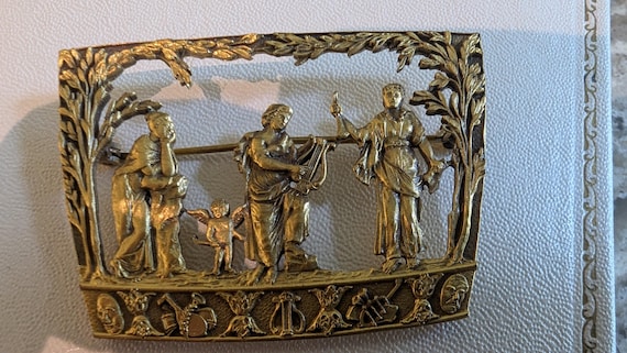 Neoclassic Style Rectangular Gold Tone Metal Broo… - image 4