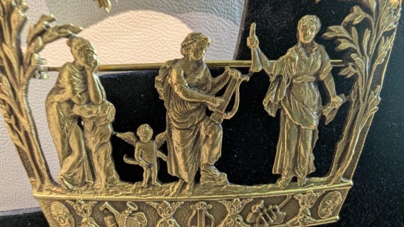 Neoclassic Style Rectangular Gold Tone Metal Broo… - image 7