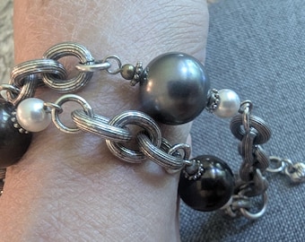 Brighton Silver Tone Double Strand Bracelet: Iridescent Grey Beads