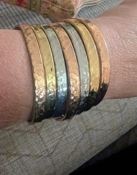 Tri Tone Statement Bracelet, Gold Stack, Boho Bra… - image 7