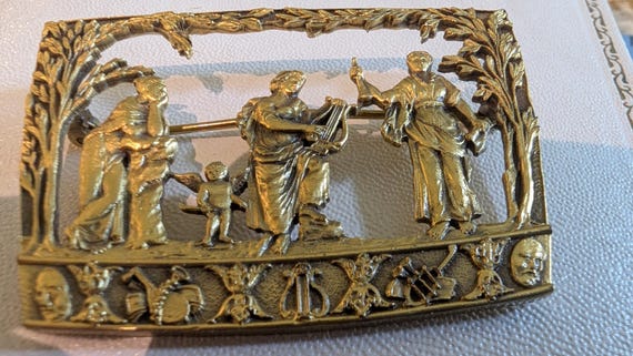 Neoclassic Style Rectangular Gold Tone Metal Broo… - image 8