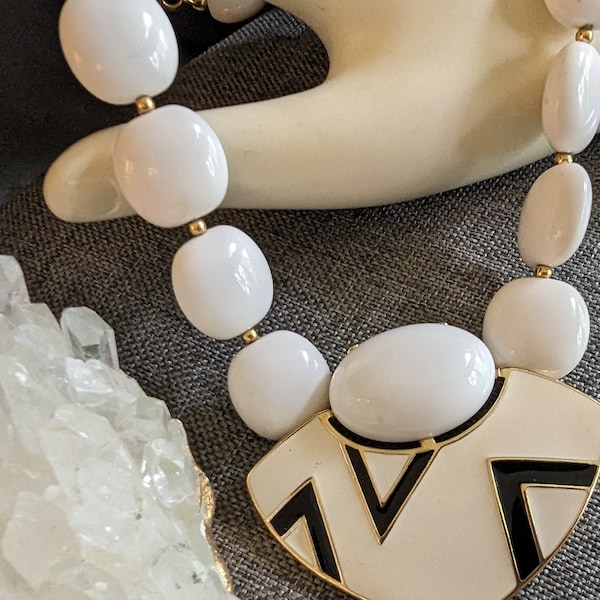 Vintage Signed Trifari Deco Design Necklace, Cream and Black Enamel Pendant