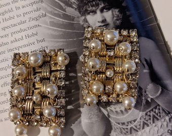 Hobe Pearl Rhinestone Clip Earrings: Vintage Basket Weave Drop