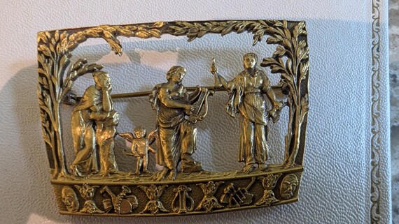 Neoclassic Style Rectangular Gold Tone Metal Broo… - image 9