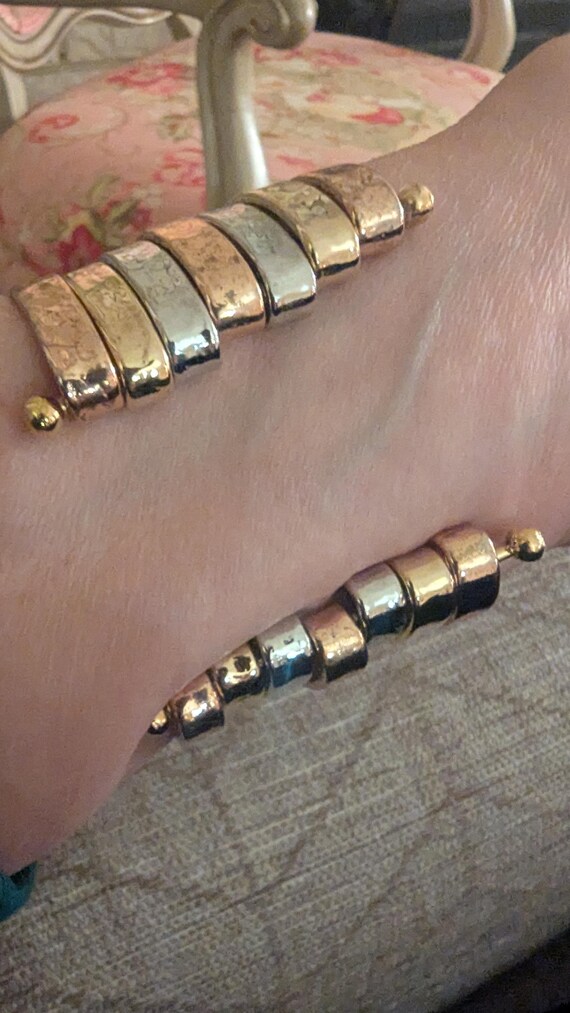 Tri Tone Statement Bracelet, Gold Stack, Boho Bra… - image 6