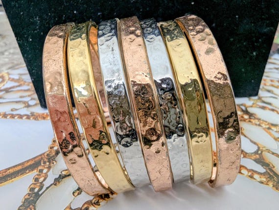 Tri Tone Statement Bracelet, Gold Stack, Boho Bra… - image 3