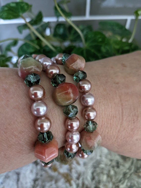 Artist, Hand Strung Unakite Three Stran Bracelet - image 1