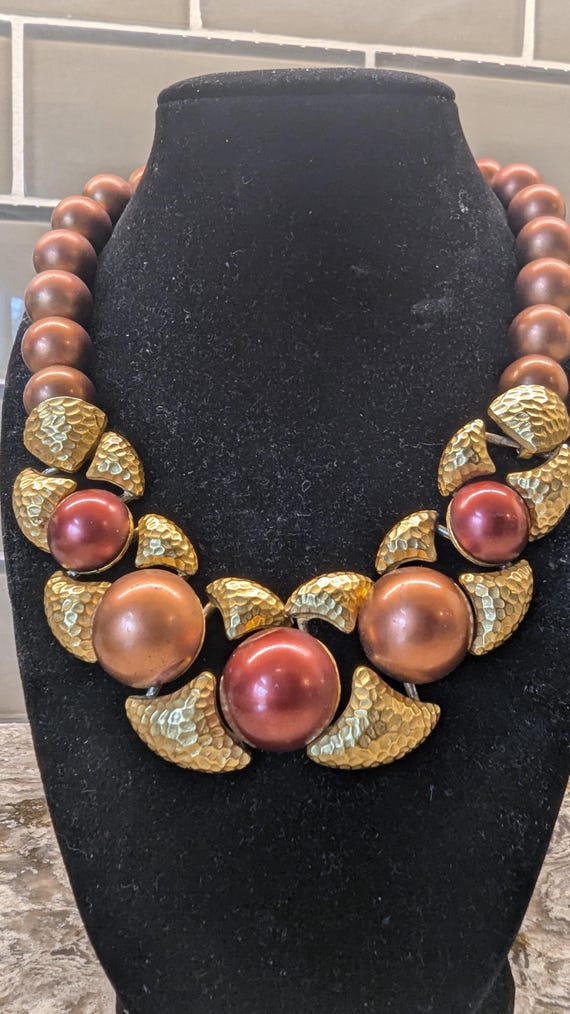 Signed Napier Hammered Gold Tone Necklace, Vintage Napier